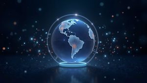 Futuristic NEAR concept: a glowing private cross-chain shard within a holographic globe, AI agents coordinating private swaps.