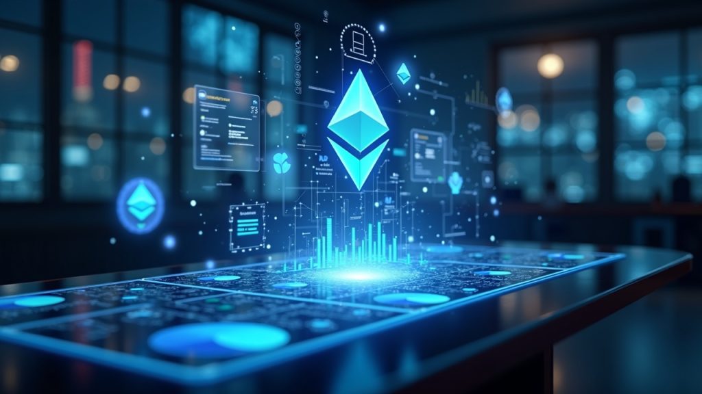 Futuristic desk with holographic charts rising between Ethereum and Solana logos, NFT artworks hovering midair.