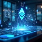 Futuristic desk with holographic charts rising between Ethereum and Solana logos, NFT artworks hovering midair.