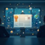 Photorealistic bond certificate morphing into blockchain links with USDC icons against a newsroom backdrop
