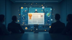 Photorealistic bond certificate morphing into blockchain links with USDC icons against a newsroom backdrop