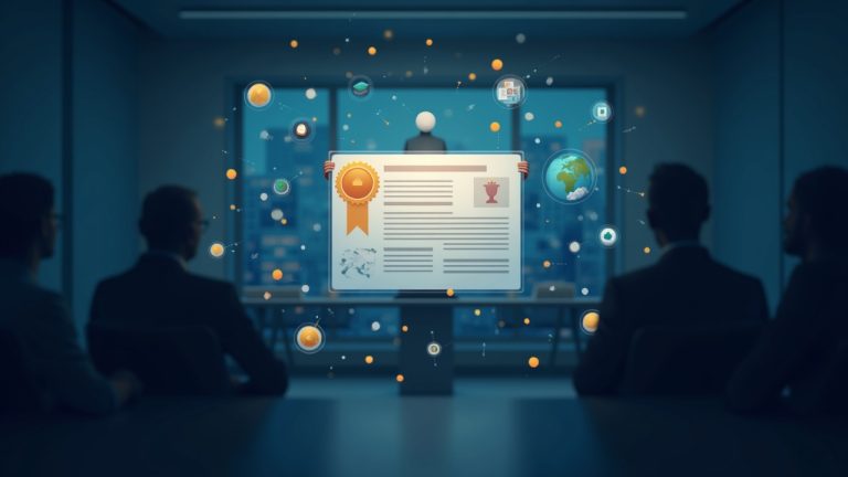 Photorealistic bond certificate morphing into blockchain links with USDC icons against a newsroom backdrop