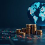 Photorealistic tokenized-stock collateral on a DeFi trading dashboard with a globe and 24/7 clock.