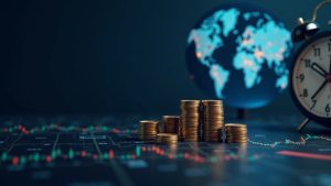 Photorealistic tokenized-stock collateral on a DeFi trading dashboard with a globe and 24/7 clock.