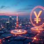 Tokyo skyline at dusk with holographic stock tokens and a yen symbol, illustrating Japanese equities tokenization.