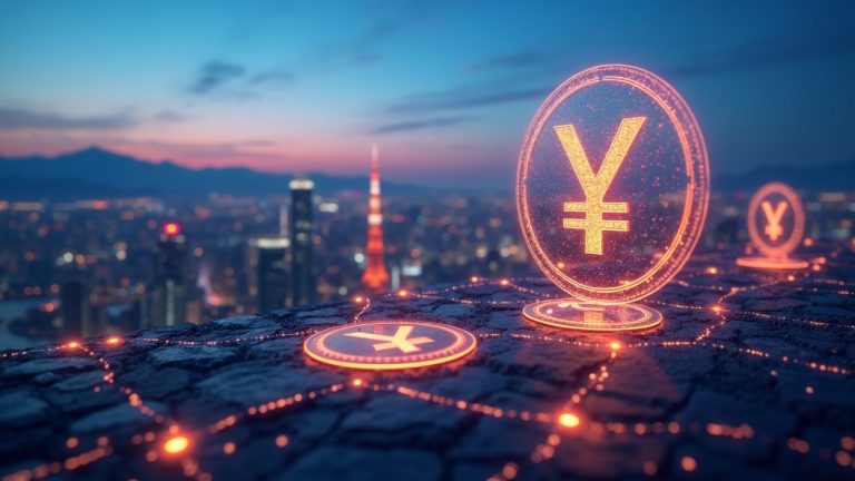 Tokyo skyline at dusk with holographic stock tokens and a yen symbol, illustrating Japanese equities tokenization.