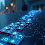 Futuristic trading scene with 440 token tiles on a blockchain spine, Ethereum and BNB Chain logos, Wall Street backdrop.