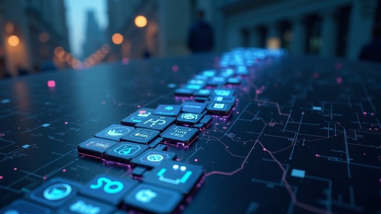 Futuristic trading scene with 440 token tiles on a blockchain spine, Ethereum and BNB Chain logos, Wall Street backdrop.