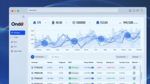 Photorealistic DeFi dashboard showing tokenized stocks flowing from Ondo to Uniswap across Ethereum and BNB Chain.