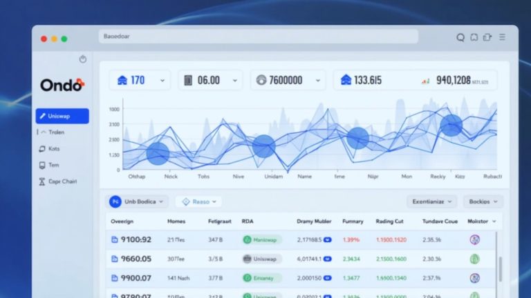 Photorealistic DeFi dashboard showing tokenized stocks flowing from Ondo to Uniswap across Ethereum and BNB Chain.