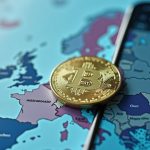 USDT coin crossed out over a Europe map, Revolut app blurred in the background with regulatory papers (MiCA)
