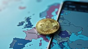 USDT coin crossed out over a Europe map, Revolut app blurred in the background with regulatory papers (MiCA)
