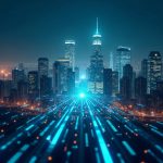 Futuristic city skyline with a glowing data bridge linking stock tickers to a radiant blockchain network.