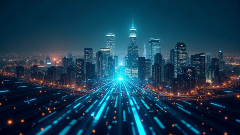 Futuristic city skyline with a glowing data bridge linking stock tickers to a radiant blockchain network.