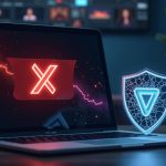 Photorealistic newsroom: laptop shows X logo with warning banner about fake VLAD token; cracked shield signals compromise.