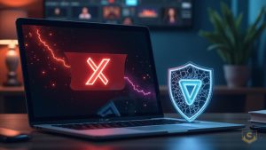 Photorealistic newsroom: laptop shows X logo with warning banner about fake VLAD token; cracked shield signals compromise.