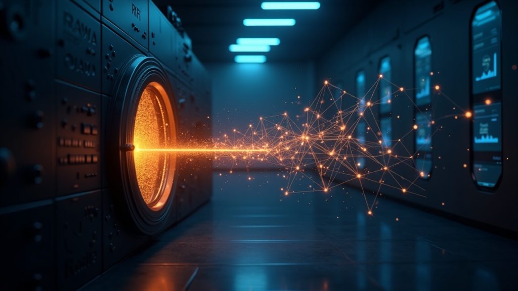High-tech vault transfers real-world assets into a glowing DeFi network, with chart showing RWA growth vs DeFi TVL decline.