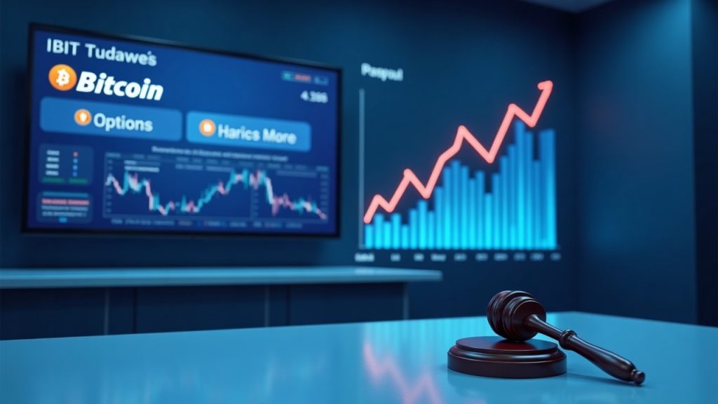 Photorealistic newsroom: IBIT/Bitcoin ticker, rising options chart, and gavel, blue regulatory backdrop.