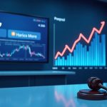 Photorealistic newsroom: IBIT/Bitcoin ticker, rising options chart, and gavel, blue regulatory backdrop.