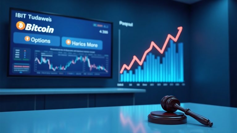 Photorealistic newsroom: IBIT/Bitcoin ticker, rising options chart, and gavel, blue regulatory backdrop.