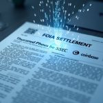 Photorealistic header showing a FOIA settlement document with SEC and Coinbase logos, Ethereum dissolving into binary.