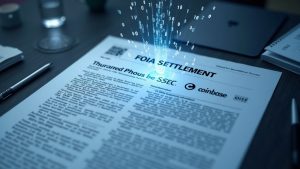 Photorealistic header showing a FOIA settlement document with SEC and Coinbase logos, Ethereum dissolving into binary.