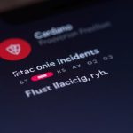 Photorealistic close-up of a Cardano wallet app screen with a red paused badge, shield icon, and fading seed phrase fragments.