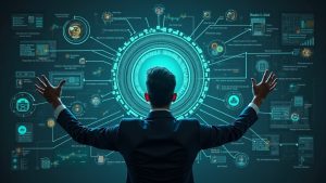Photorealistic figure at center manipulating a Solana Realms dashboard as BONK funds drain to exchanges.
