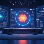Futuristic newsroom featuring a SOL stake icon and a dashboard showing 100k delegated SOL.