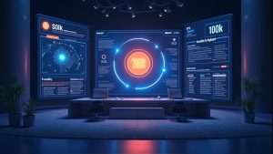 Futuristic newsroom featuring a SOL stake icon and a dashboard showing 100k delegated SOL.