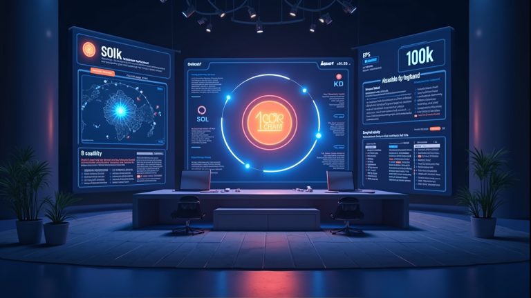 Futuristic newsroom featuring a SOL stake icon and a dashboard showing 100k delegated SOL.