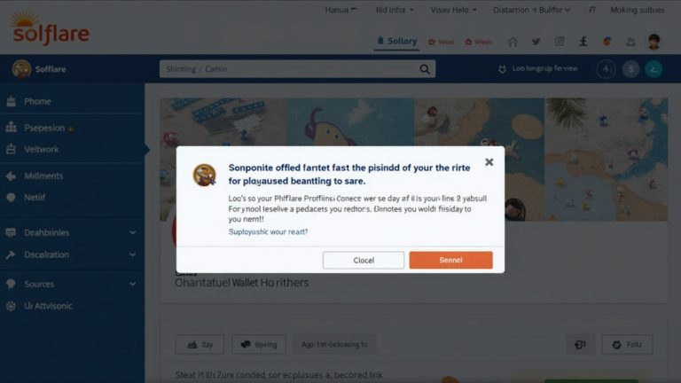 Photorealistic Solflare post with official branding, a phishing wallet-connect prompt, and a wary user about to approve.