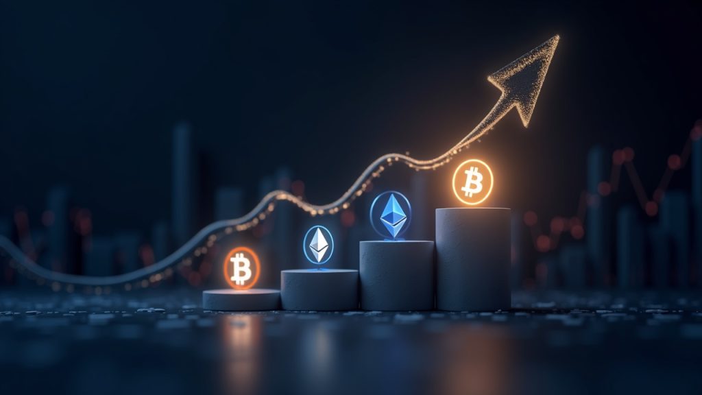 Photo-realistic dashboard showing rising inflows for BTC, ETH, SOL with converging crypto logos.