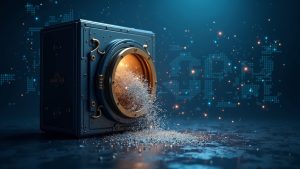 Realistic DeFi vault graphic showing liquidity drained by a flash loan with on-chain analytics visuals.