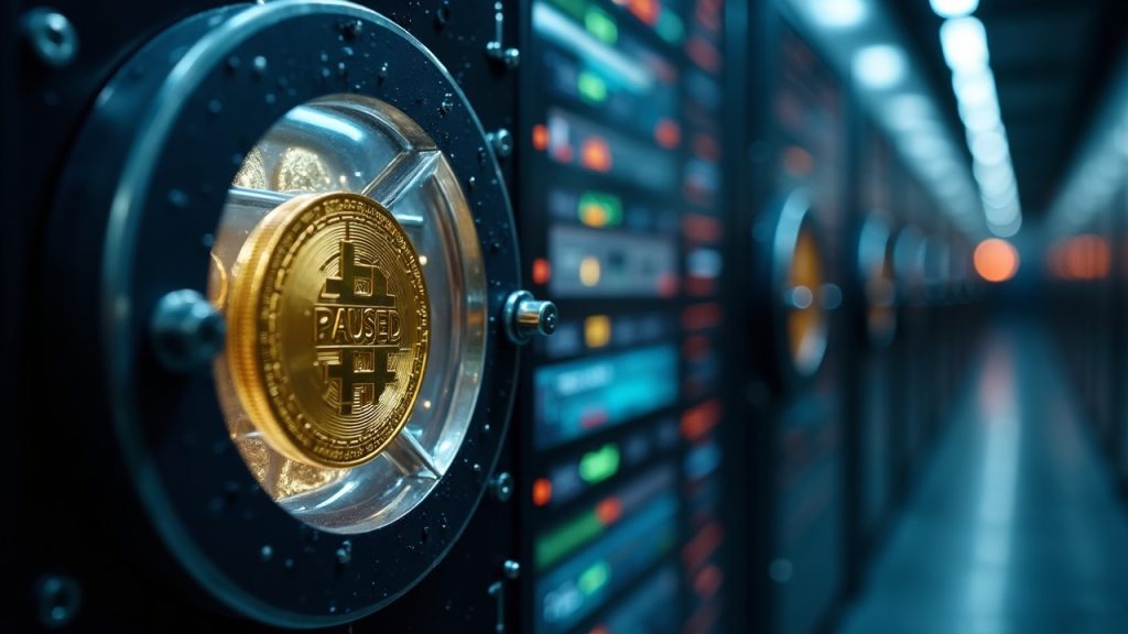 Photorealistic crypto vault showing USDC coins, a PAUSED badge, and a ledger implying flash loan manipulation.