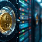 Photorealistic crypto vault showing USDC coins, a PAUSED badge, and a ledger implying flash loan manipulation.