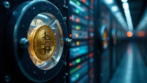 Photorealistic crypto vault showing USDC coins, a PAUSED badge, and a ledger implying flash loan manipulation.