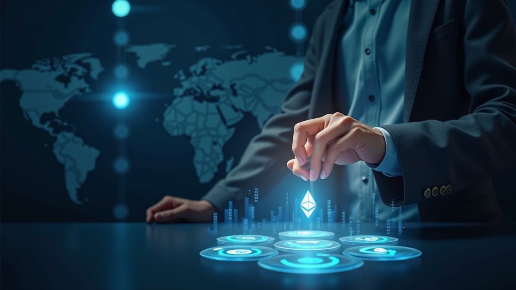 Realistic scene of a user casting a proxy vote for tokenized US securities (IVV MU) on Ethereum, with custody vault.