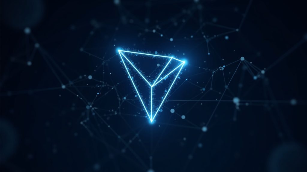 Futuristic newsroom header: TRON and Ethereum logos, network nodes, streaming code, TVM compatibility with Pectra/Osaka.