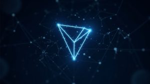 Futuristic newsroom header: TRON and Ethereum logos, network nodes, streaming code, TVM compatibility with Pectra/Osaka.