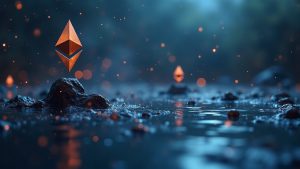 Photorealistic Ethereum logo above a thin Uniswap V3 pool with skewed bars and a backrun shadow, signaling MEV loss.