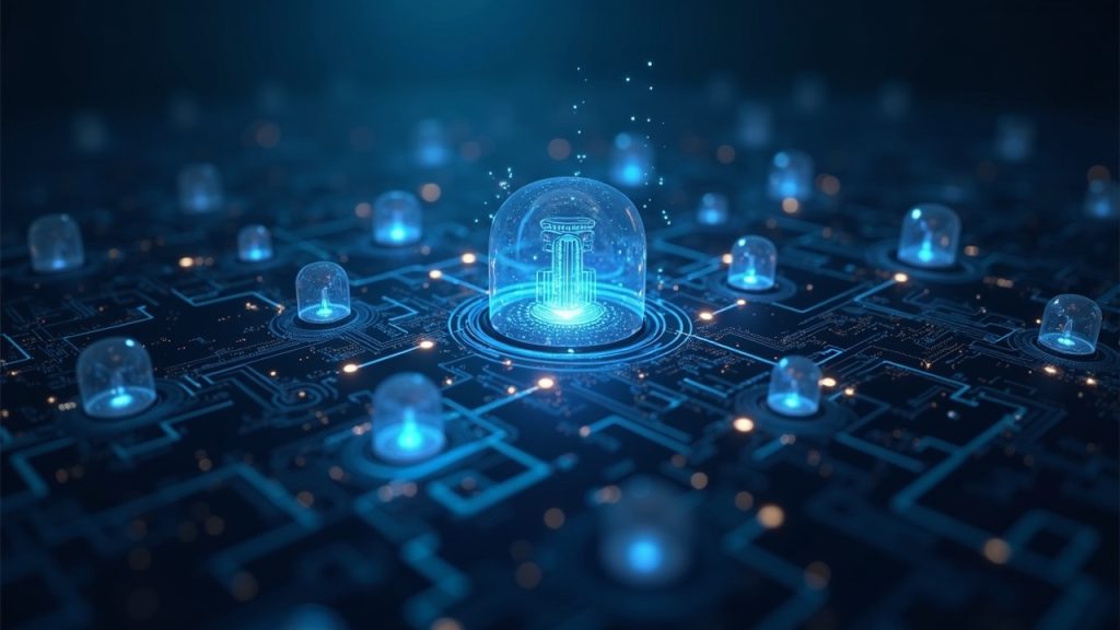 Photorealistic blockchain hub with glowing AI networks connecting to smart contracts and a visible DAO governance scene.