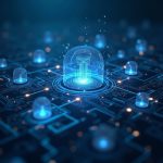 Photorealistic blockchain hub with glowing AI networks connecting to smart contracts and a visible DAO governance scene.