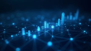 Photorealistic XRPL ledger with glowing real-world asset icons, network nodes, and a blue upward-trend chart.