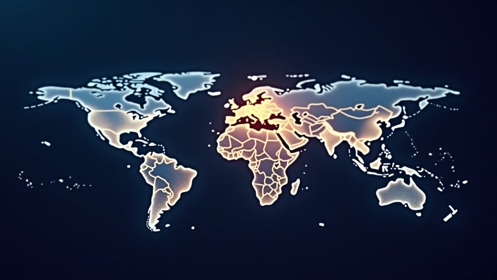 Central ledger icon links banks and payment services over a glowing world map in a modern crypto news style.