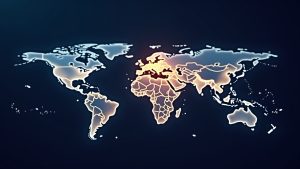 Central ledger icon links banks and payment services over a glowing world map in a modern crypto news style.