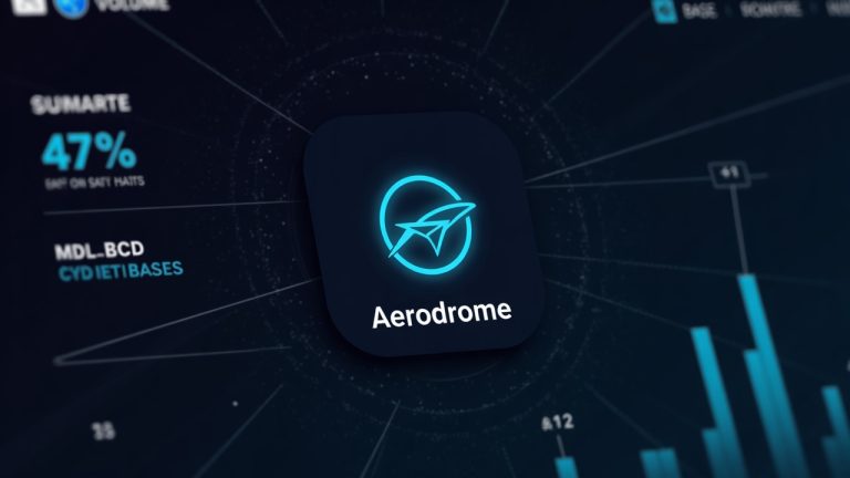 Aerodrome logo centered over a data visualization with rising bars, Base nodes, and a highlighted 47% DEX share.