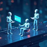 Futuristic fintech scene with AI agents transacting on glowing rails, Visa, Mastercard, Circle and Solana logos.