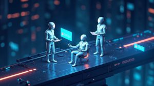 Futuristic fintech scene with AI agents transacting on glowing rails, Visa, Mastercard, Circle and Solana logos.