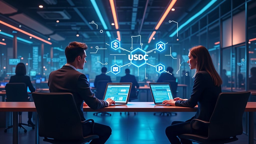 Photorealistic scene of AI agents coordinating USDC transfers on Base and Polygon networks with neon lines and USDC logos in a sleek newsroom.